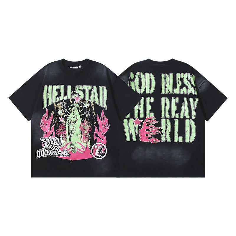 Ss american skull washed and distressed letter loose plus size short sleeve streetwear t-shirt - men's trendy style