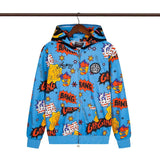 streetwear zip hoodie cartoon letter print zip-up sweatshirt and pants camouflage set