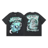 Ss american skull washed and distressed letter loose plus size short sleeve streetwear t-shirt - men's trendy style