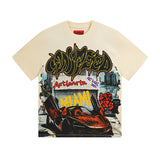 Cross-border gs american high street washed retro skull racing machine girl printing short-sleeved fashion