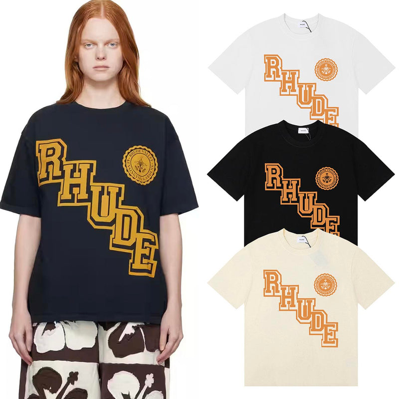 Rhude T Shirts Collegiate Cotton Casual Short Sleeve Men and Women