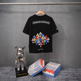 authentic edition chest pocket cross gradient horseshoe flower print short sleeve couple t-shirt