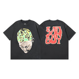 Ss american skull washed and distressed letter loose plus size short sleeve streetwear t-shirt - men's trendy style