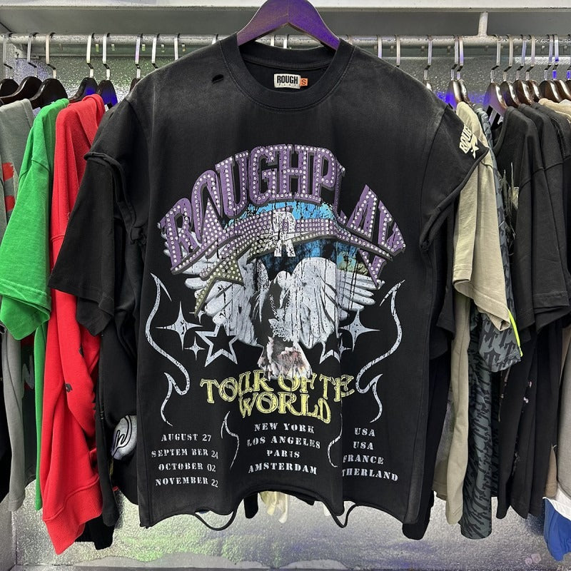 Rough play american graphic oversized korean gothic t-shirt couple retro sweatshirt loose