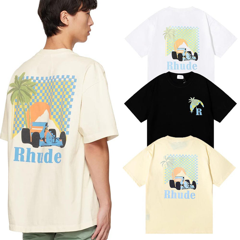 Rhude T Shirts Coconut Racing Printed Cotton Casual Short Sleeves Men and Women