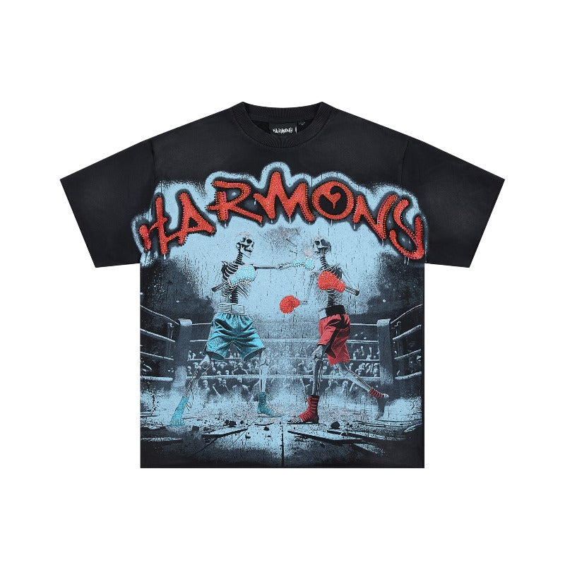 Los angeles american style harmony print hotfix rhinestone washed vintage distressed loose fit 100% cotton short sleeve t-shirt