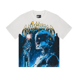 Cross-border gs american high street washed retro skull racing machine girl printing short-sleeved fashion