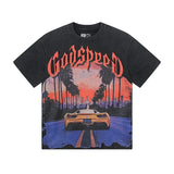 Cross-border gs american high street washed retro skull racing machine girl printing short-sleeved fashion