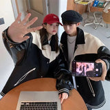 Unisex Baseball Jersey Vintage PU Baseball Jacket Autumn Loose Jacket