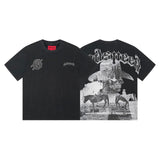 Cross-border gs american high street washed retro skull racing machine girl printing short-sleeved fashion