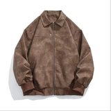 Unisex Baseball Jersey Vintage Brown Lapel Leather Baseball Jacket