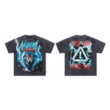 High-quality american first row virgin direct injection retro hot diamond washed and distressed short-sleeved couple t