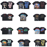 European and american high street gd rock heavy industry washed distressed skull letter speed short sleeve