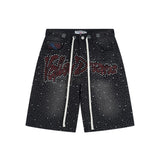 American retro valeforever washed distressed hotfix rhinestone ripped denim shorts - high street style