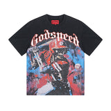 European and american high street gd rock heavy industry washed distressed skull letter speed short sleeve