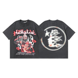 Ss american skull washed and distressed letter loose plus size short sleeve streetwear t-shirt - men's trendy style