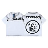 Ss american skull washed and distressed letter loose plus size short sleeve streetwear t-shirt - men's trendy style