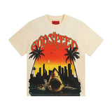 gods short-sleeved heavy weight washed fog high street rock band skull pure cottonprinting t-shirt