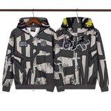 streetwear zip hoodie cartoon letter print zip-up sweatshirt and pants camouflage set