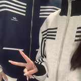 Unisex Baseball Jersey Striped Sports Jacket Vintage Loose Casual Stand-Up Top