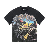 Cross-border gs american high street washed retro skull racing machine girl printing short-sleeved fashion