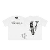 Cross-border supply large v letter lne cherry blossom short half-sleeve sketch embroidery lip print graffiti print short