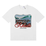 Rhude T Shirts Lake Como Lakeside Town Printed Cotton Casual Short Sleeves Men and Women