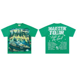 Majestik american street style retroprinting distressed loose hot diamond high street style tops short-sleeved t-shirt