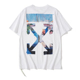 Wholesale off short sleeve ow dissolved arrow gradient starry sky splash ink t-shirt yellow tape warning line love