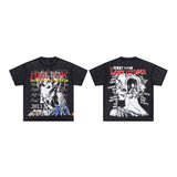 High-quality american first row virgin direct injection retro hot diamond washed and distressed short-sleeved couple t