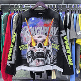American retro style roughplay jesus faux two-piece long sleeve sweatshirt - skull rock washed distressed ripped