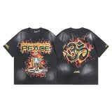 Ss american skull washed and distressed letter loose plus size short sleeve streetwear t-shirt - men's trendy style