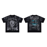 High-quality american first row virgin direct injection retro hot diamond washed and distressed short-sleeved couple t