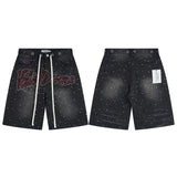 American retro valeforever washed distressed hotfix rhinestone ripped denim shorts - high street style