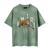 Wholesale foreign trade amir washed distressed tiger head number & letter logo short sleeve t-shirt