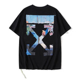 Wholesale off short sleeve ow dissolved arrow gradient starry sky splash ink t-shirt yellow tape warning line love