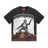 Cross-border gs american high street washed retro skull racing machine girl printing short-sleeved fashion