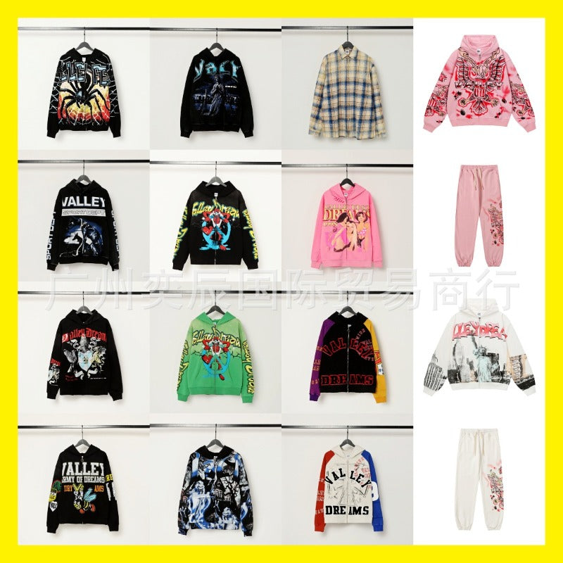 American valley washed distressed printing short-sleeved t-shirt valeforever hoodie sweatshirt long