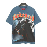 Cross-border foreign trade high version gods short-sleeved heavy weight washed fog high street skull pure cotton printed round