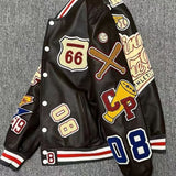 Unisex Baseball Jersey Fall Loose Jacket PU Leather Jacket