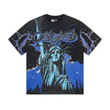 Cross-border gs american high street washed retro skull racing machine girl printing short-sleeved fashion