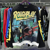 American retro style roughplay jesus faux two-piece long sleeve sweatshirt - skull rock washed distressed ripped