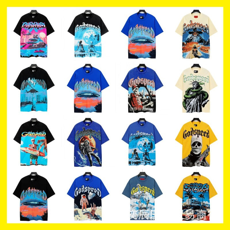 Cross-border wholesale high version gods short-sleeved heavy weight washed fog high street skull pure cotton printed round