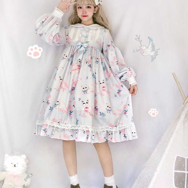 Gothic Lolita Harajuku Style Clothing Cat Lolita Dress Op Long Sleeve Light Lo Dress for Women