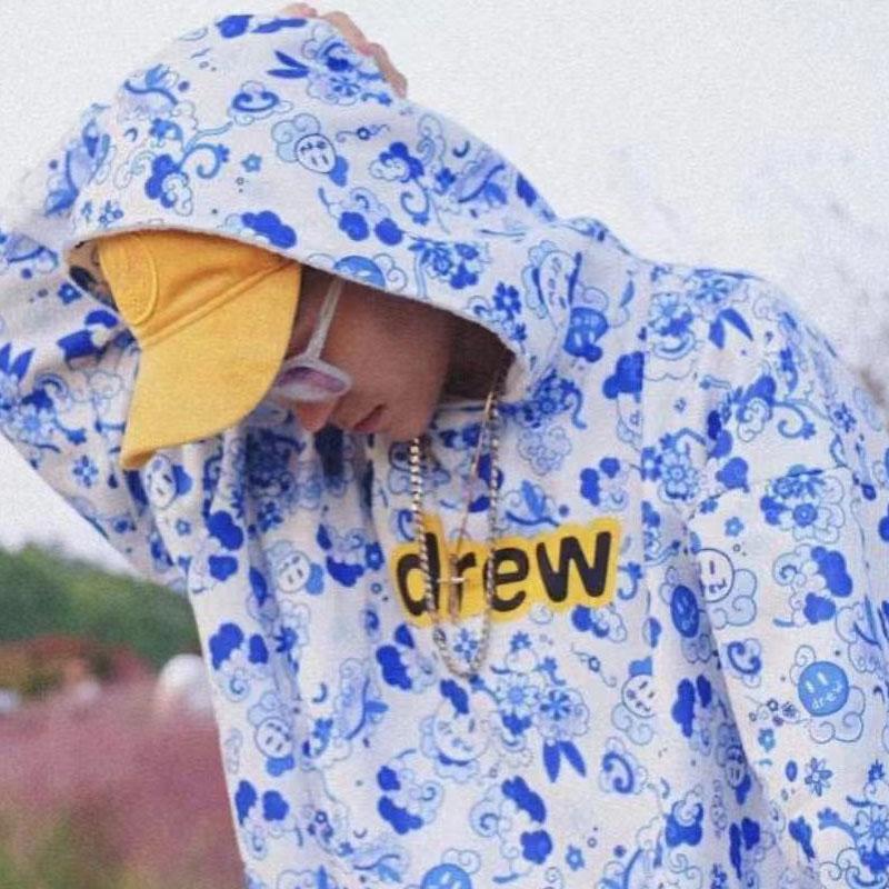Justin Bieber Drew House Spring and Autumn Thin Fashion Brand Drew Smiley Face Full Printed Hoodie Hooded Sweater