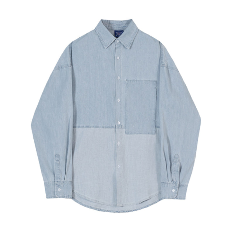 Denim Shirts Denim Long-Sleeved Shirt Men's Spring and Autumn Splicing Coat Loose Top