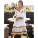 Women Dresses Flower Embroidered Large V-neck Light Cage Sleeve Loose Dress Long Dress
