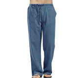 Linen Pants Straight Leg Pants Drawstring Lightweight Elastic Beach Pants Men's Casual Trousers with Pockets Men's Linen Large Size Pocket Trousers