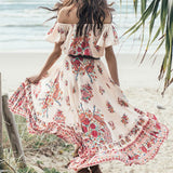 Women Dresses Summer Bohemian Beach Sexy Vintage Print Lace-up Dress