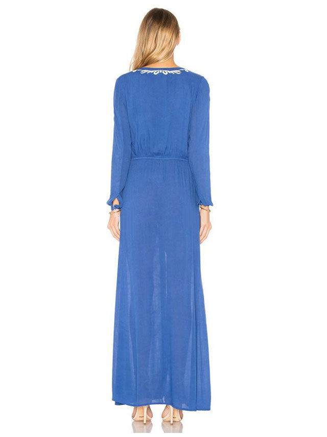 Embroidered Flower V-neck Long Dress